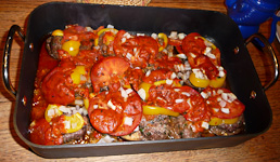 Dee-EggplantWithMeatBellPepperAndTomatoTopping